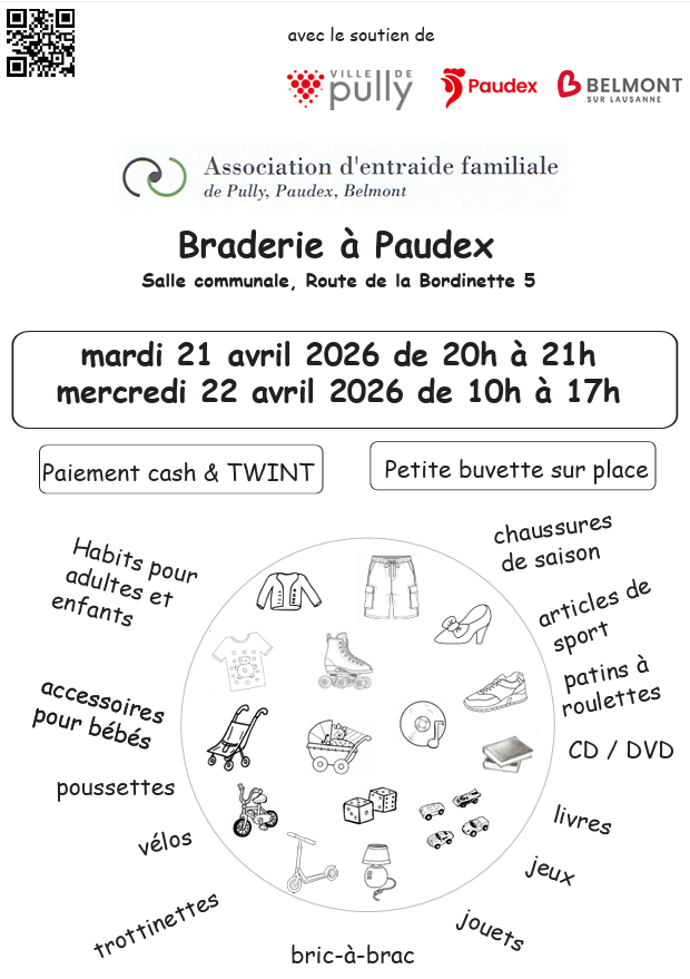 Braderie à Paudet - Salle communale, Route de la Bordinette 5 - mardi 21 avril de 20h à 21h - mercredi 22 avril de 10h à 17h