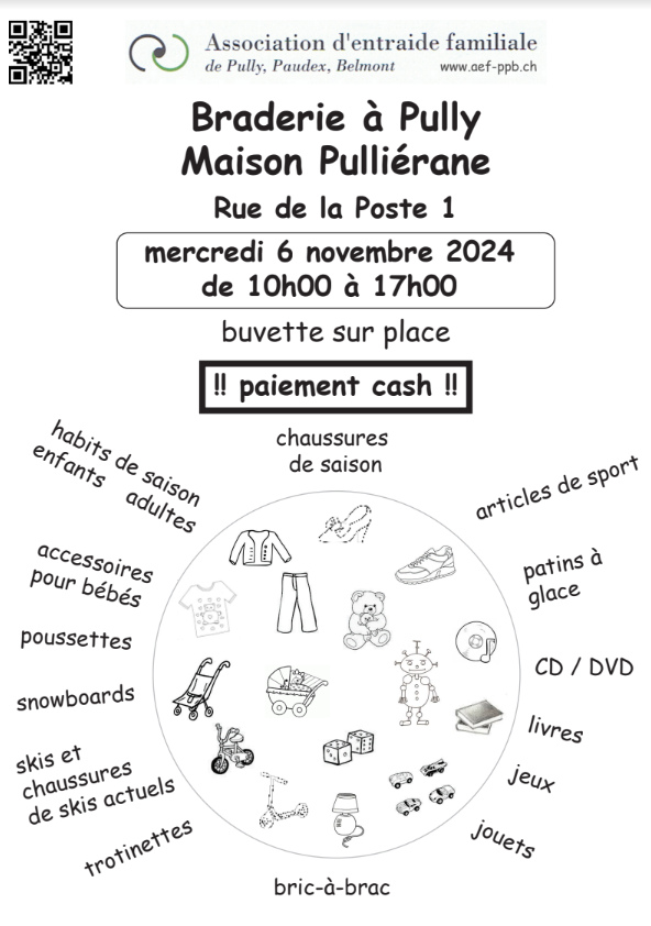 Braderie à Pully, Maison Pulliérane, Rue de la Poste 1, mercredi 6 novembre 2024 de 10h à 17h.