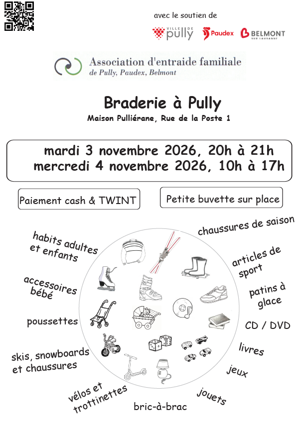 Braderie à Pully, maison Pulliérane, Rue de la Poste 1 - mardi 3 novembre de 20h à 21h, mercredi 4 novembre de 10h à 17h