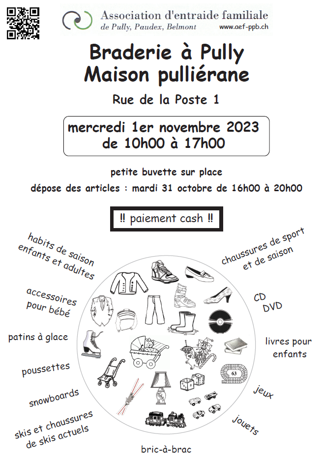 Braderie à Pully - Maison pulliérane, Rue de la Poste 1 - mercredi 1er novembre 2023, 10h-17h