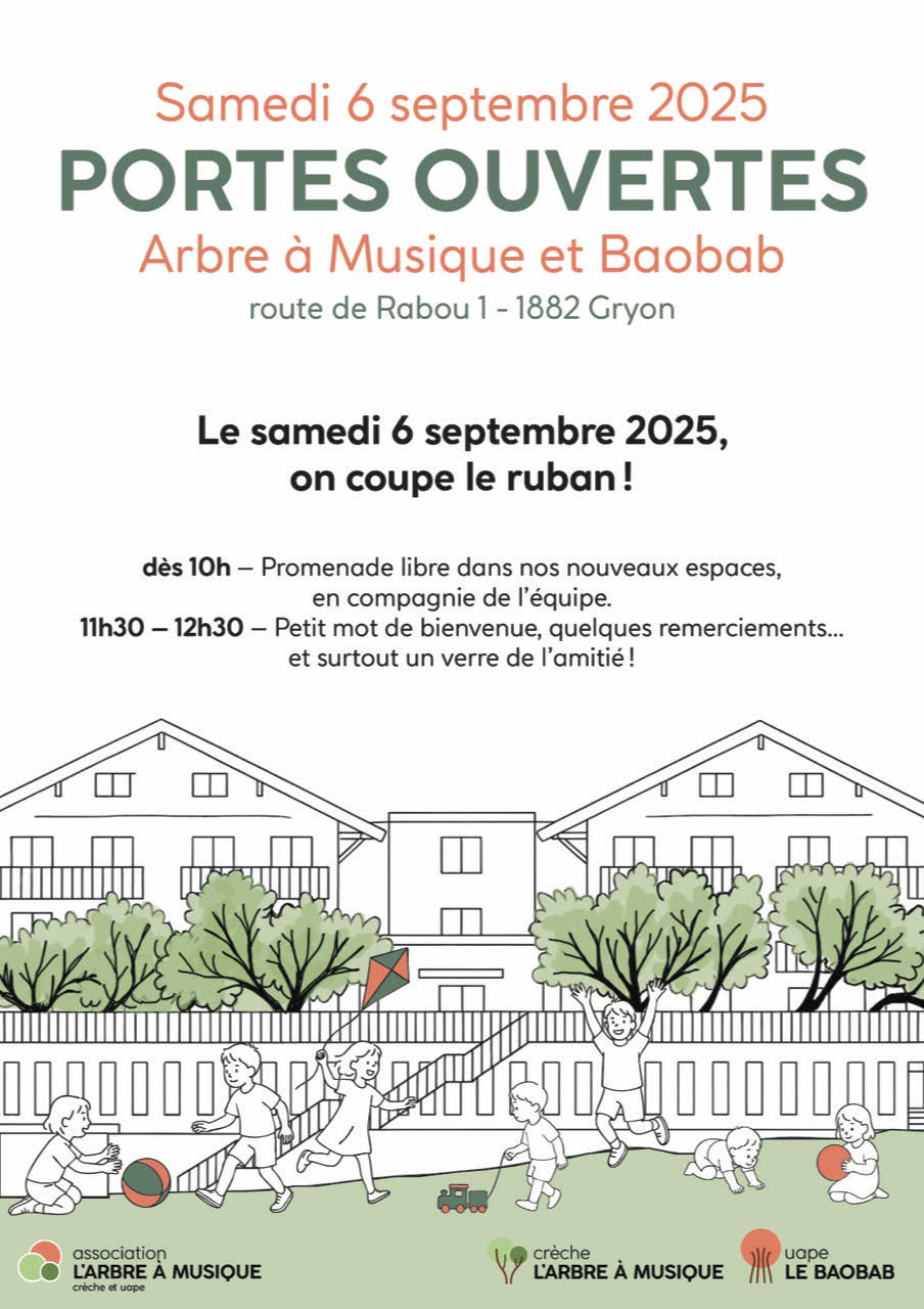 Samedi 6 septembre 2025 - Portes ouvertes - Arbre à Musique et Baobab, rte de Rabou 1, 1882 Gryon - dès 10h - verre de l'amitié à 11h30