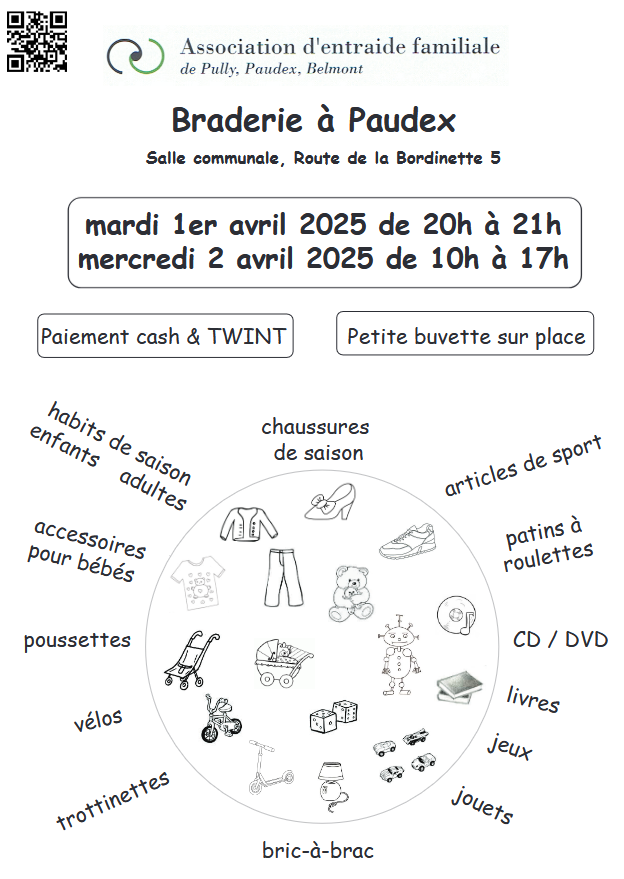Braderie à la salle comunale de Paudex - mardi 1er avril de 20h à 21h - mercredi 2 avril de 10h à 17h